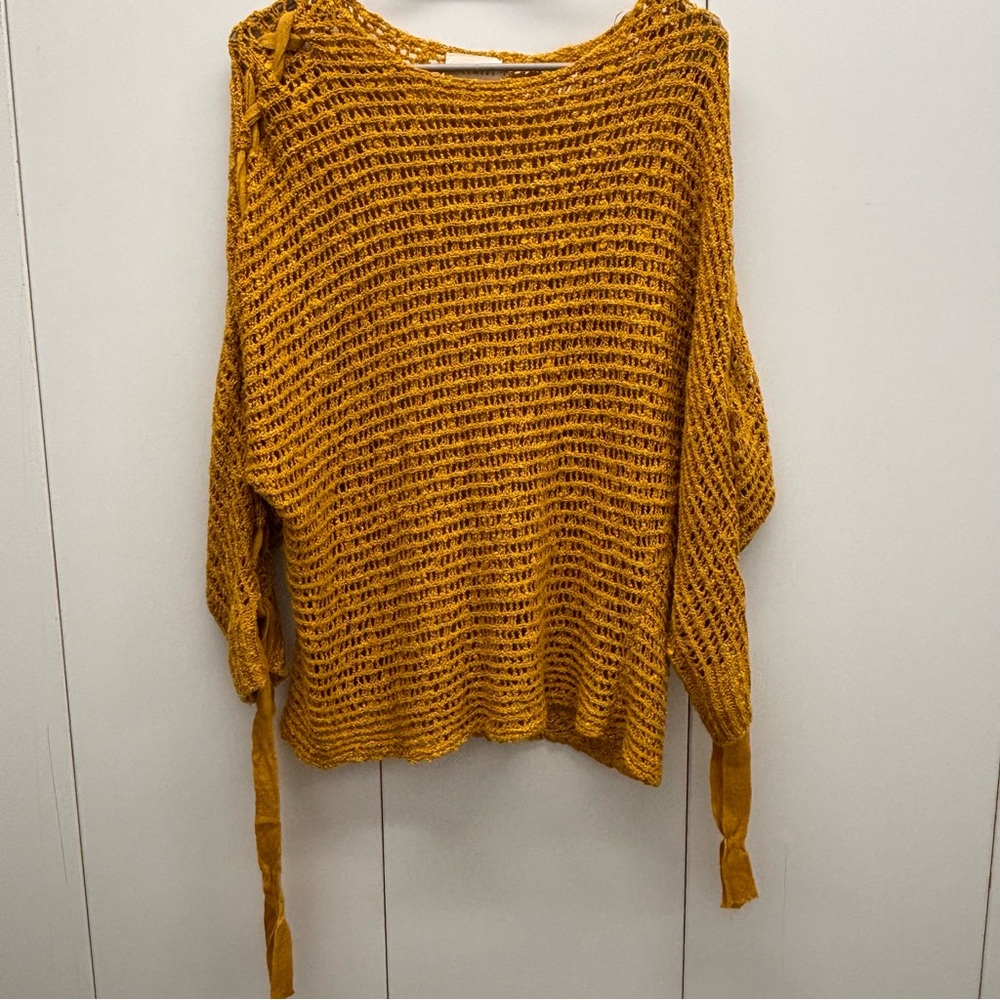 Dreamers Sweater Yellow  Gold Laced Sleeve Boho Oversized Crocheted Womens Small